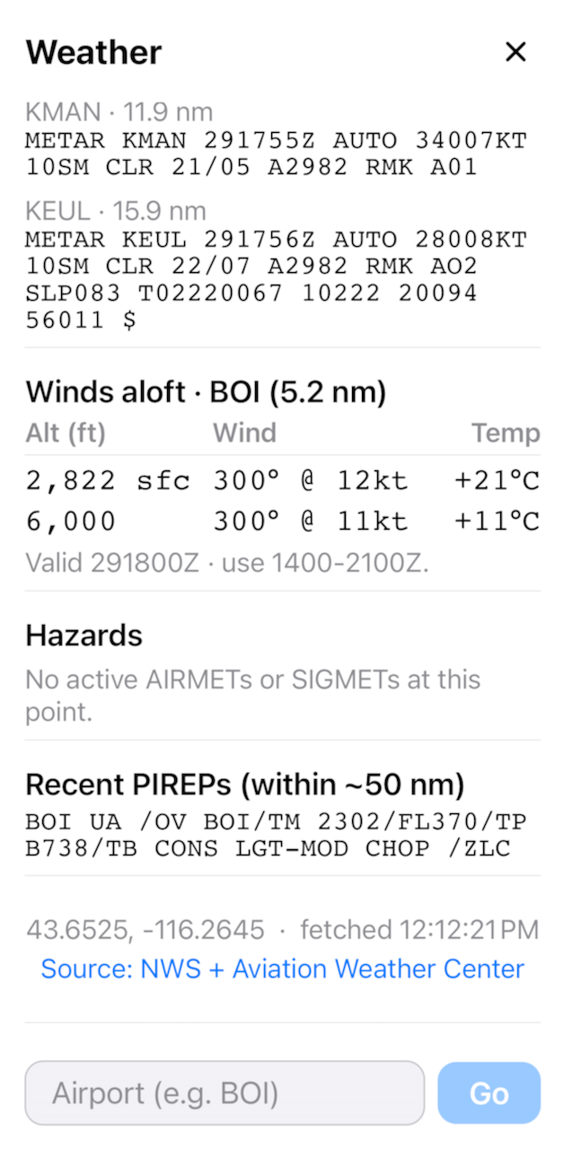Weather screen showing winds aloft, hazards, and nearby PIREPs